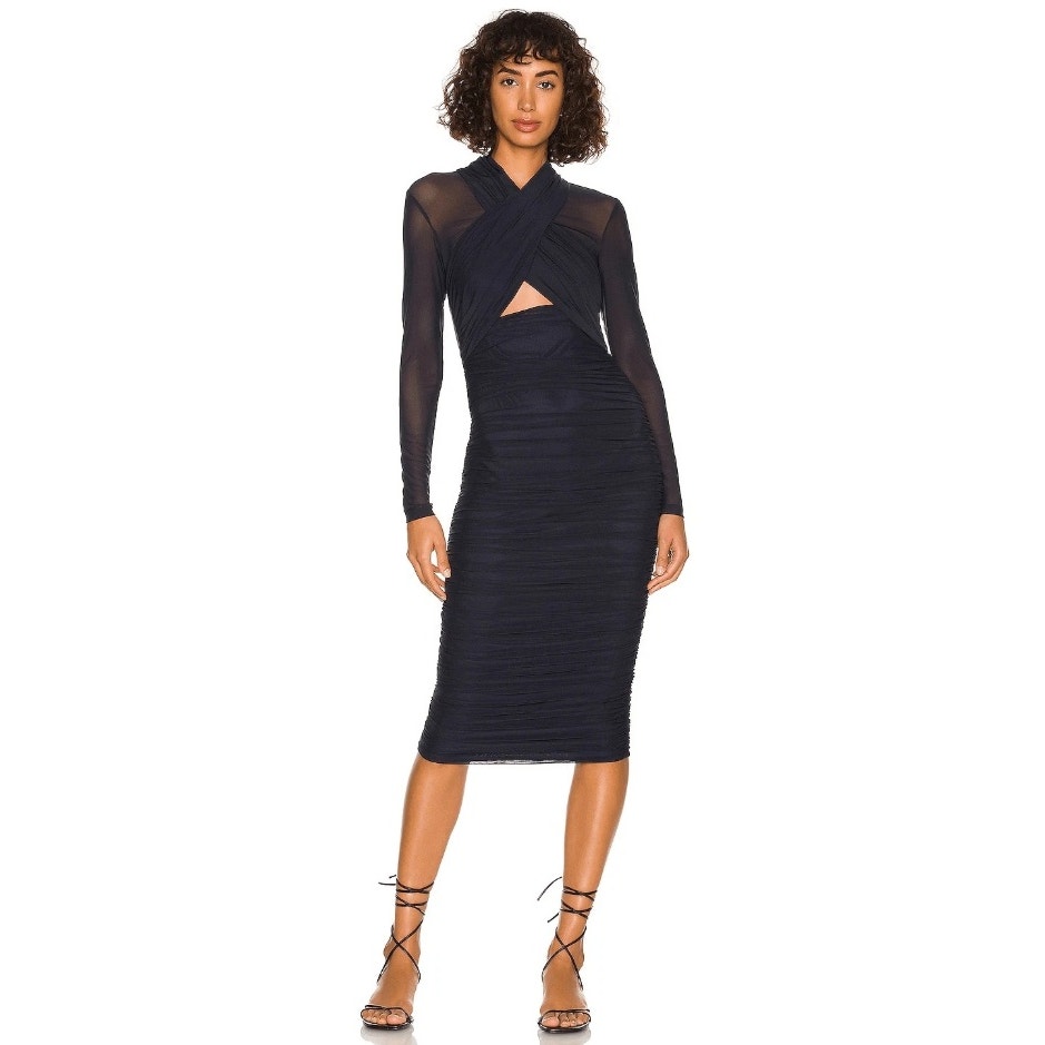 Bardot Women Navy Mesh Aliyah Cocktail Halter Neck Midi Bodycon Dress Size Xs